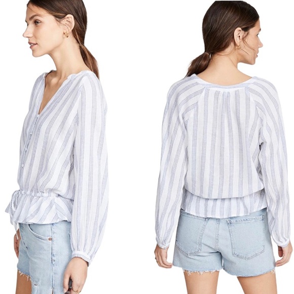 Rails Marti Cayman White/Blue Stripe Long Peasant Sleeve Linen Button Front Top - Picture 3 of 11